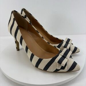 J Crew Cloth Navy Blue Ivory‎ Striped Front Bow Stiletto Heels Women's Size 8